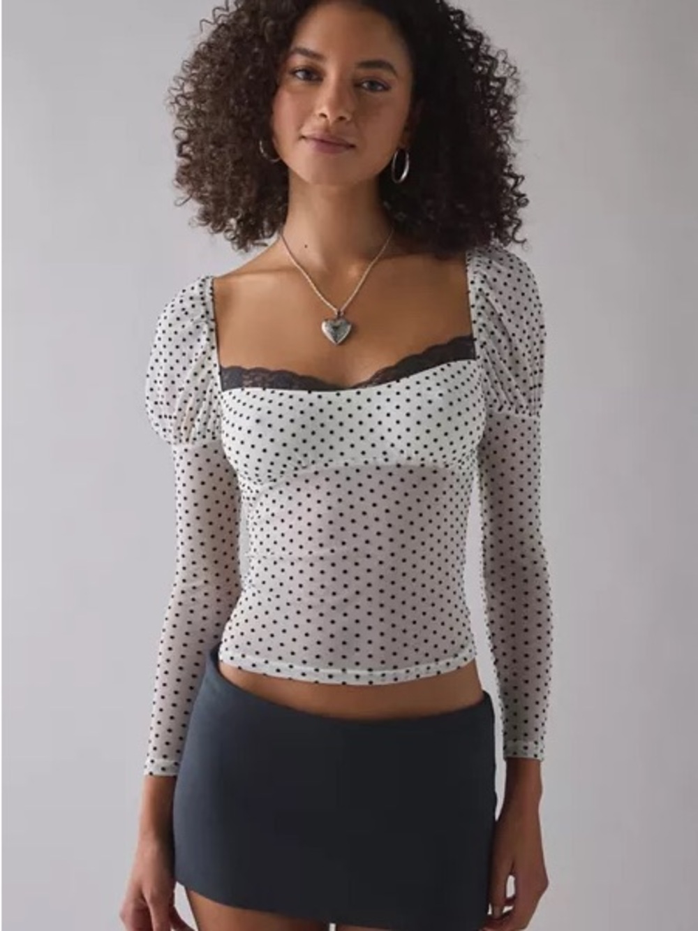 Kimchi Blue White Polka Dot Mesh Long-Sleeve Top with Lace Trim